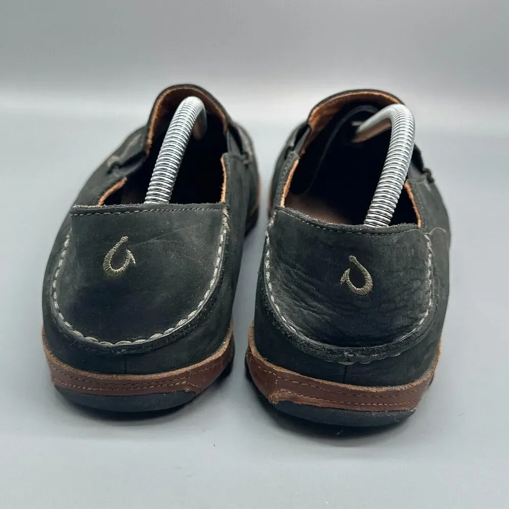 Olukai Moloa Men's 10 Black Nubuck Leather Casual Shoes Slip-On Round Toe Loafer